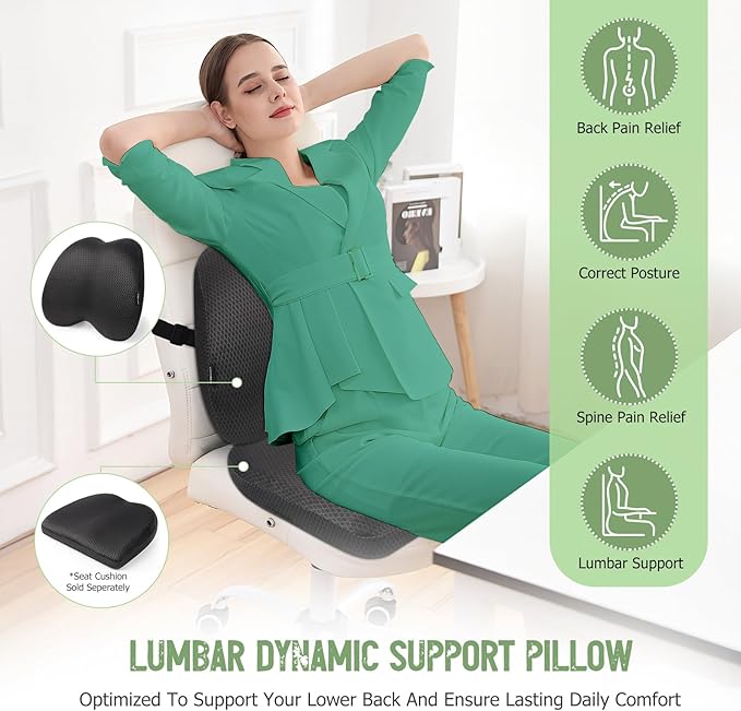 Lumbar Support Pillow Office Chair Car Back Pillow Ergonomic Lower Back Pain Relief Breathable Air Fiber Cushion with Hours Sitting on Worker Driver & Handicapped, Adjustable Strap (Dark Gray)
