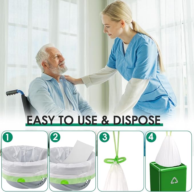 Commode Liners with Absorbent Pad, Universal Fit for Commode/Camping Toilet | 100Bags+100Pads, Unscented, Leakproof, Drawstring Closure for Easy Disposal, 1000ml Absorbency,for Seniors Home Care, RV Trip