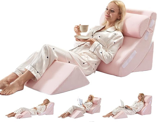 4PCS Orthopedic Bed Wedge Pillow Set for Post Surgery Recovery - Adjustable Memory Foam Support Pillows for Back/Leg/Shoulder Pain Relief, Acid Reflux & Anti Snoring Sleeping System, Pink