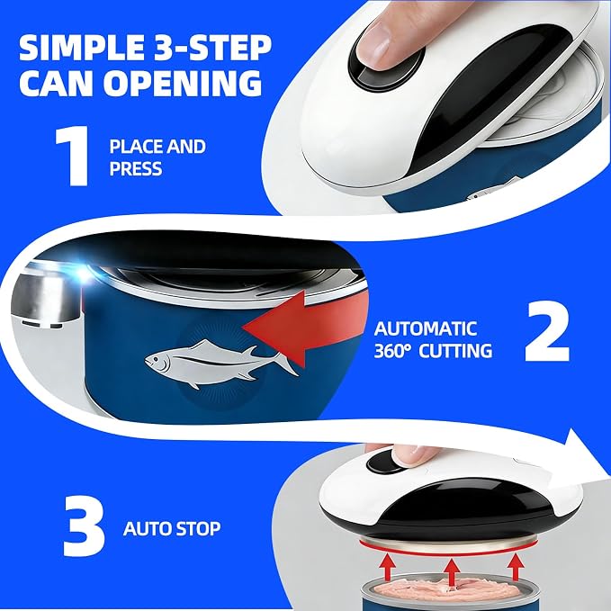 Kitchen Rechargeable Electric Can Opener, One-Touch Opening, Smooth Rim, USB-C Fast Charge, Senior Friendly, White, Hands-Free Design, Easy to Grip and Fits Most Cans