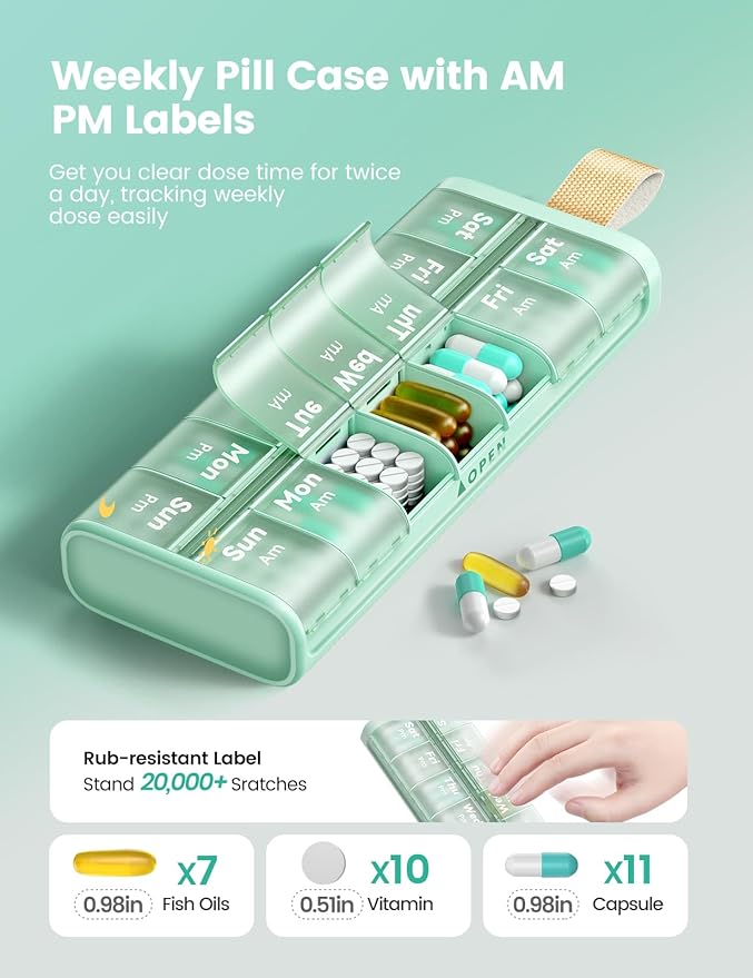 Weekly AM PM Pill Organizer 7 Day, Large 2 Times a Day Pill Box Case with Carry Handle, Moisture-Proof Desiccant & Secure Easy-Open Lids for Vitamins and Supplements