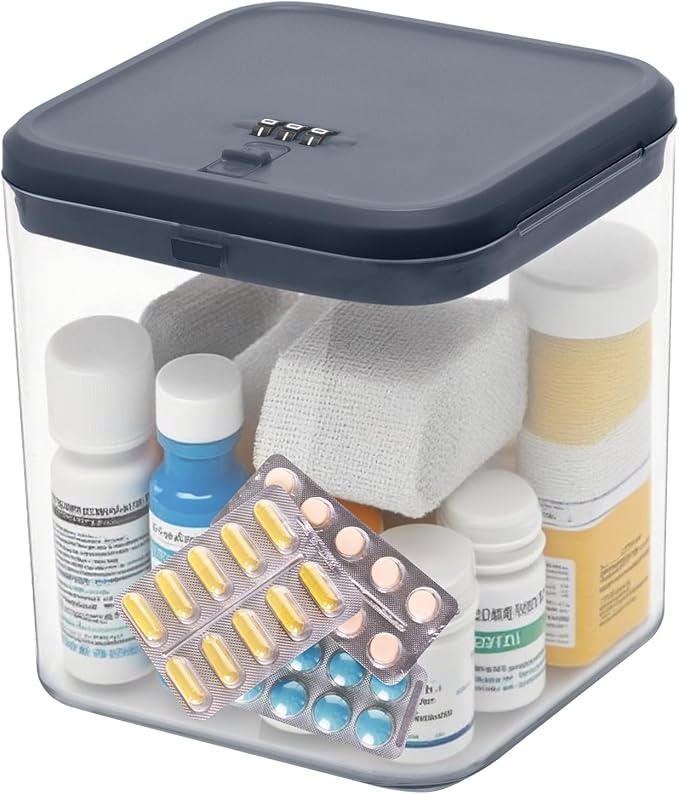 Medication Lock Box, Small Lock Box, Childproof Medicine Lockbox, Lockable Storage Box for Pill Organizer/Medicine Safe/Phone/Refrigerator/Personal Items/Dorm, 5.6’’x 5.6’’x 6.3’’