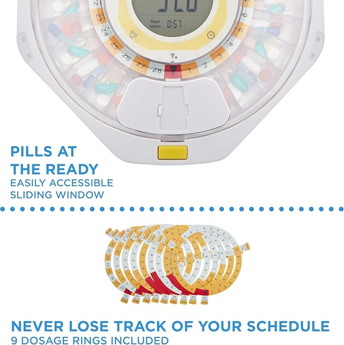 LiveFine Bluetooth Pill Dispenser, 9 Dosage Rings, 28-Day, Frosted Lid | Free app control with sound and light alerts, secure key lock, quick-press latch - trusted by seniors, arthritis sufferers.