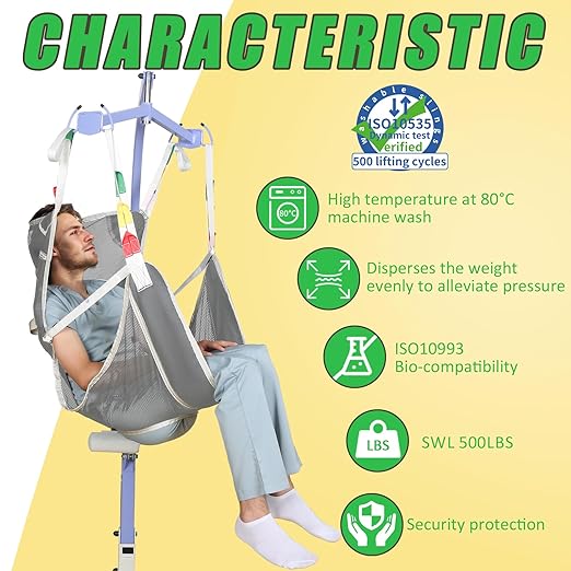 Universal Full Body Patient Lift Sling with Commode Opening for Elderly & Disabled, Safe Working Load 500 lbs, Medium Grey