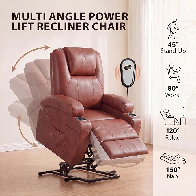 JUMMICO Power Lift Recliner Chair for Elderly with Vibration Massage | Recliner Chair Ergonomic Lift Chair Cup Holder for Living Room (Leathaire, Light Brown)