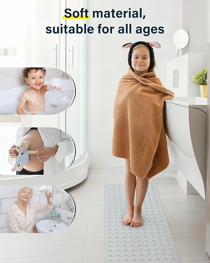 Non Slip Bathtub Mat for Tub & Shower, Machine Washable 40"x16" Anti Slip Bath Mat with 2 Hooks, Soft & Comfortable and Extra Large for Families, Clear