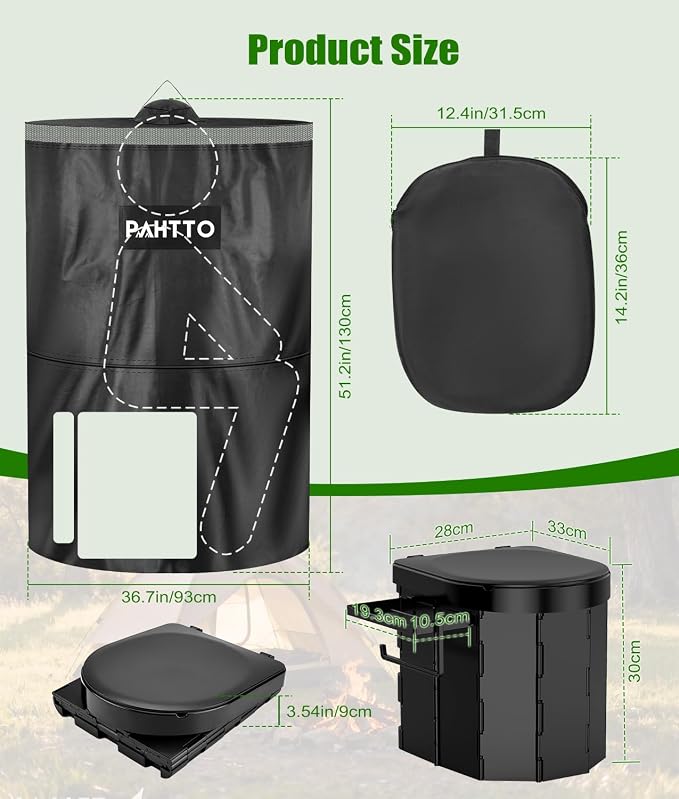 Portable Camping Toilet, Foldable Toilet for Adults with Detachable Phone Shelf and Toilet Paper Holder, Waterproof Porta Potty with Lid for Camping, Hiking, RV Travel, Road Trips