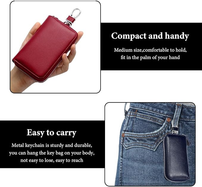 Leather Car Key Holder Bag, Unisex Key Fob Case with 6 Hooks, Zipper Closure Keychian Case Wallet for Smart Keys (Royal Blue)