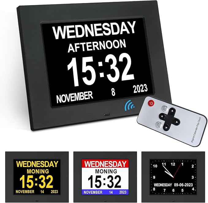 TSITSC Large Digital Calendar Day Clock for Seniors, 8" Dementia Clock with 12 Alarms + Auto-Dimming, Day and Time Clock for Elderly Impaired Vision Memory Loss with Remote Control(Black)