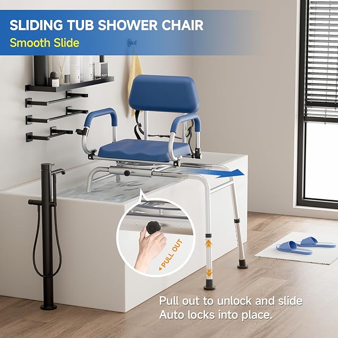 Sliding Shower Chair Tub Transfer Bench with Swivel Seat, Premium Padded Seat and Backrest, Pivoting Arms, Height Adjustable for Tubs, Inside Shower, for Handicap & Seniors，350 Lbs
