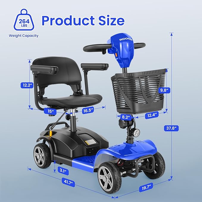 Wooken Mobility Scooters for Seniors, Adults, 4 Wheels Foldable Powered Mobility Scooter 264 lbs All Terrain, Compact Heavy Duty Electric Powered Wheelchair with Seat for Travel, Smart Safety System