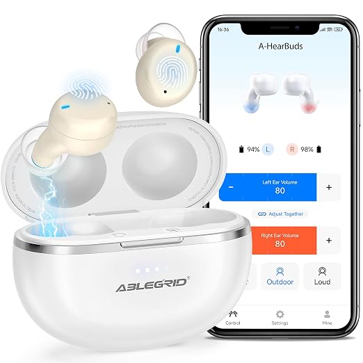 ABLEGRID Rechargeable OTC Hearing Aids for Seniors Adults, In-Ear Touch Control Nano Hearing Aid with Noise Cancelling, App-Enhanced Gain, for Mild to Moderate Hearing Loss