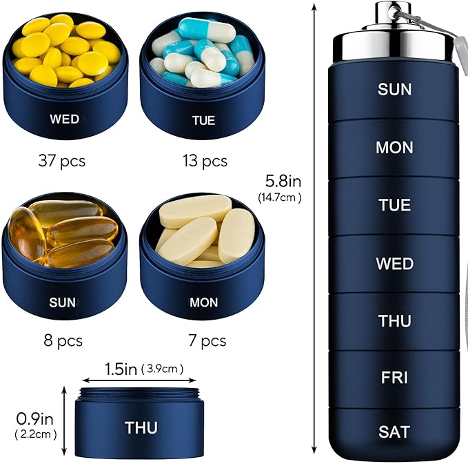 Mossime Metal Travel Pill Organizer, Portable 7 Day Vitamin Organizer Stackable, Waterproof 1 Times A Day Pill Box, Large Pill Container, Daily Medicine Organizer for Vitamin, Fish Oil, Supplement