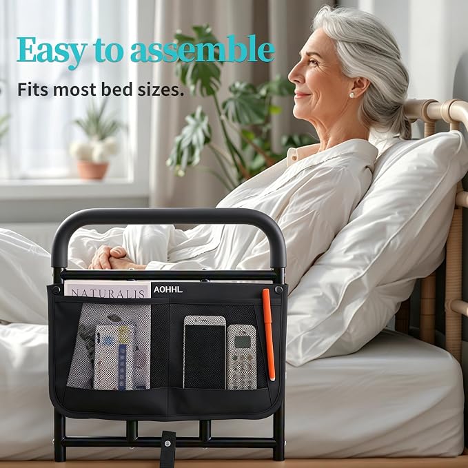 AOHHL Bed Rails for Elderly Adults Safety Adjustable Heights Storage Pocket Assist Support Side Railings for Seniors Citizens Slides Under Mattressbed Cane Bed Guard Bed Handles Bars (Black)