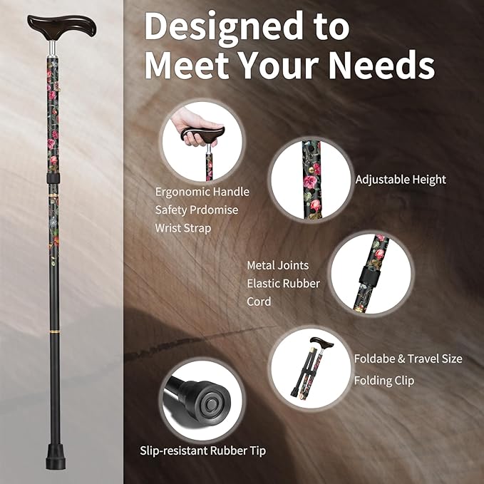 Stylish Foldable Walking Cane - Pattern Printed, Adjustable, for Men and Women Stability and Balance, Light Weight, for 5'~6' Height