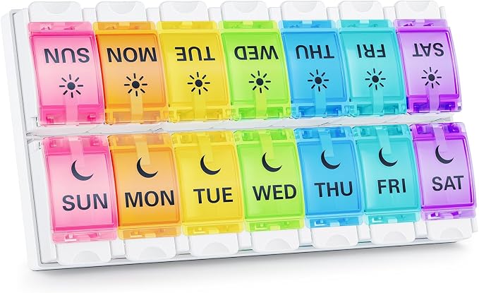 BUG HULL Weekly Pill Organizer 2 Times a Day Arthritis Friendly, AM PM Pill Organizer 7 Day with Easy Push Design, Daily Pill Organizer for Medicine, Pill Box 7 Day for Vitamin, Supplements