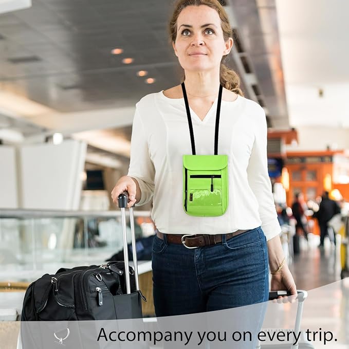RFID Blocking Travel Neck Wallet Pouch and Passport Holder, Travel Neck Pouch Passport Holder for Women & Men - Green