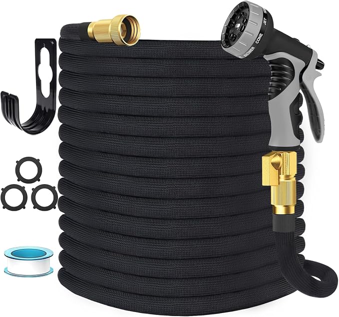 Garden Hose Non-Expandable 100 ft, Lightweight Flexible Water Hose with 10 Function Spray Nozzle, Outdoor Leak Proof, Kink-Free, Portable Hose for Yard, Lawn, Camper, High-Density Fabric, Black Grey