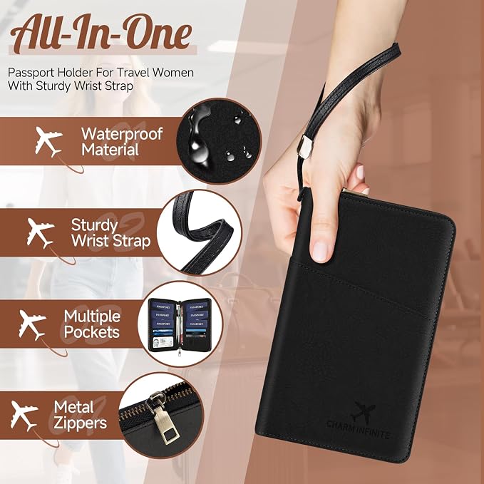 Likesing Family Passport Holder for 4, RFID Multiple Passport Holder-Black | Leather RFID Blocking Travel Passport Wallet with Zipper, Travel Document Organizer with Wrist Strap Card Slots for Women Men