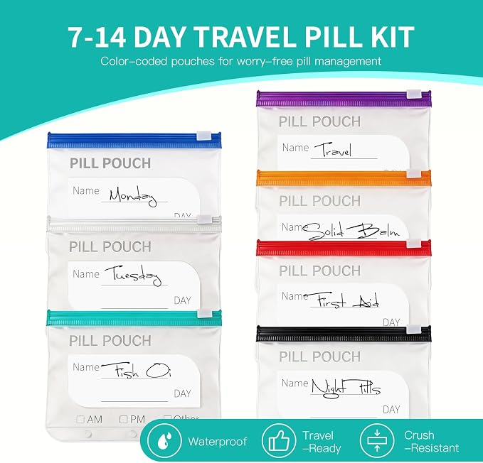 14 Day Travel Pill Kit Personal Medicine Organizer Case Set A8 Waterproof Pill Pouch for Travel Small Portable Storage Binder Style with Bags Cute Medication Purse Zipper Pocket (Green-14 Pouches)