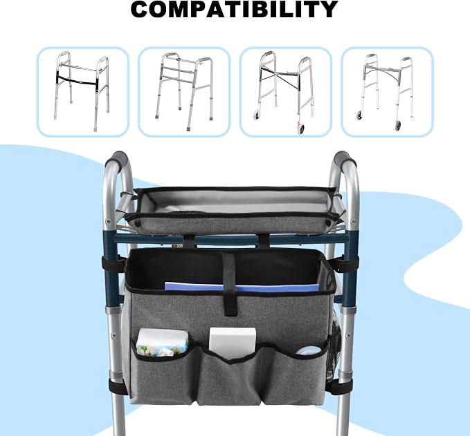 Walker Basket with Tray, Walker Tray for Folding Walker, Walker Accessories for Seniors, Non-Slip Surface, Universal Fit for Standard Walkers, Ideal for Meals, Drinks & Reading(Grey)