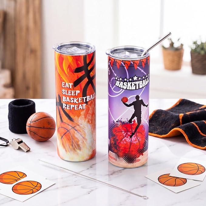 Geiserailie 2 Pack Basketball Tumbler Cups Gifts 20 oz Insulated Stainless Steel Sports Travel Mug with Lids Straws for Christmas Father's Day Men Dad Basketball Lovers Fans