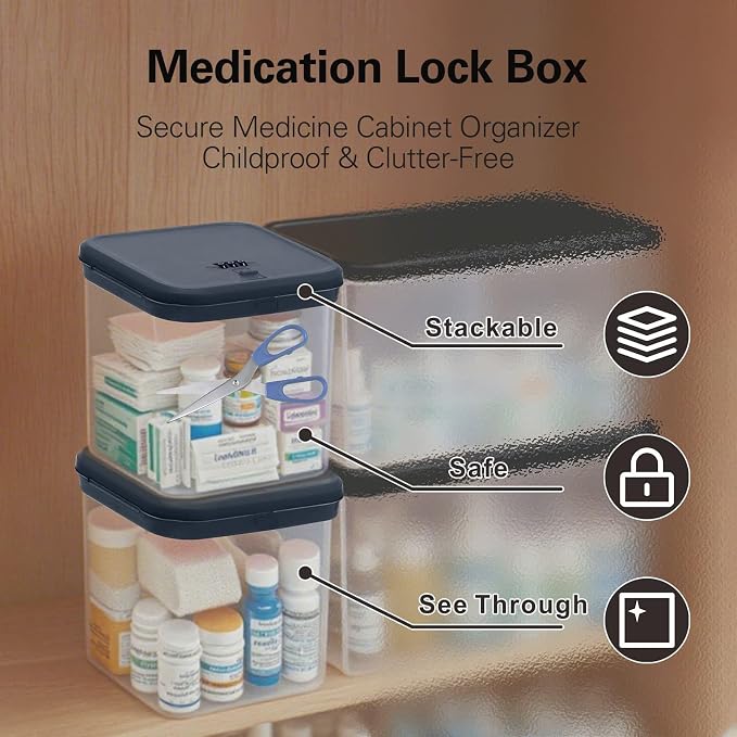 Medication Lock Box, Small Lock Box, Childproof Medicine Lockbox, Lockable Storage Box for Pill Organizer/Medicine Safe/Phone/Refrigerator/Personal Items/Dorm, 5.6’’x 5.6’’x 6.3’’