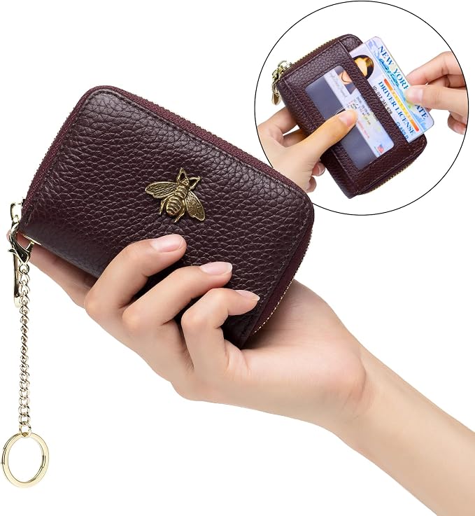 imeetu RFID Credit Card Holder, Small Card Wallet Women, Leather Card Case | Genuine Leather Women's Card & id Cases, Change Coin Purse with Zipper Keychain id Window, 20 Colors & 3 Styles, Daily, Gifts