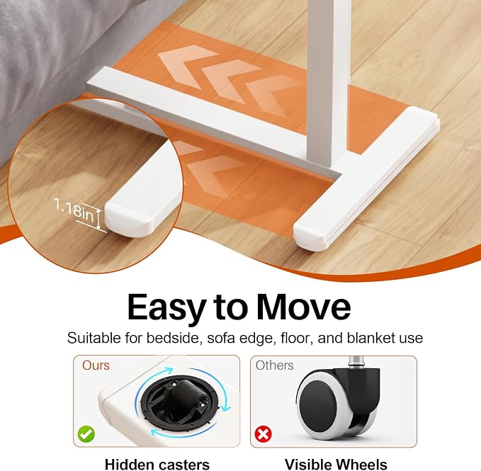Overbed Table with Wheels, Pneumatic Height and Tilting Desktop | Top Tilts 0-60° with Anti-Slip Stops, Hook, Capacity 66 lbs, 1.18 in Low-Profile Base Slides Easily Under Beds and Sofa
