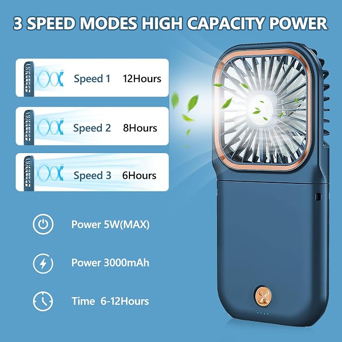 Portable Handheld Fan with Phone Holder, 3000mAh Power Supply Rechargeable Neck Fan with USB Output, Foldable Small Fan 0-180° Adjustable, Ultra Quiet Personal Cooling Fan for Travel Office Home