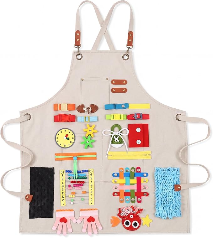 Shyyween Fidget Apron for Elderly Fidget Blanket for Dementia Alzheimer's Therapy Activity Apron Anxiety Relief Supplies (Beige)
