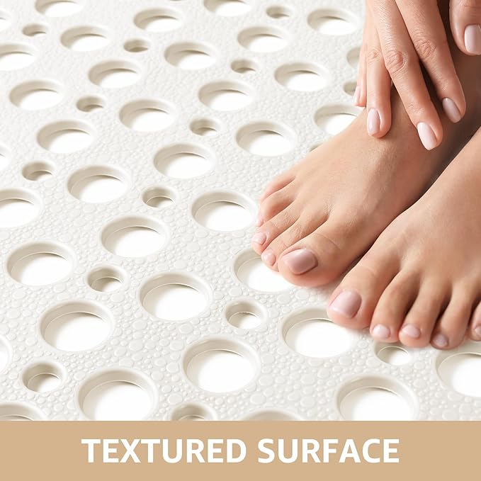 Yolife Large Shower Mat, 35 x 24 inch Non Slip Shower Mats for Inside Shower with Drain Holes and Suction Cups for Bathroom, No Odor TPE Shower Floor Mat, White
