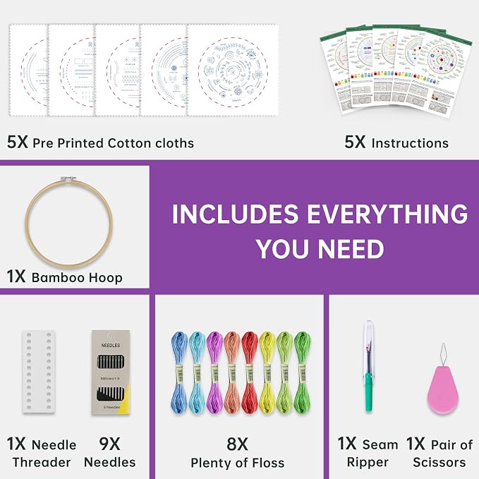 CYANFOUR 5 Stage Starter Embroidery Kit for Beginners Adults and Teens, Easy to Learn 33 Different Stitches from Video & Instruction, Needlepoint Kits for Adults