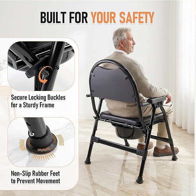 4-in-1 Folding Bedside Commode Chair with Seat Cover, Tool-Free Assembly Portable Toilet for Adults, Adjustable Height Bedside Commode for Seniors with Handles, 330lbs Support (Black)