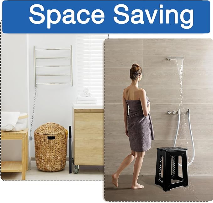 Foldable Waterproof Plastic Shower Chair, Anti-Slip Design, Space-Saving Foldable Storage, 330lbs Weight Capacity, Black