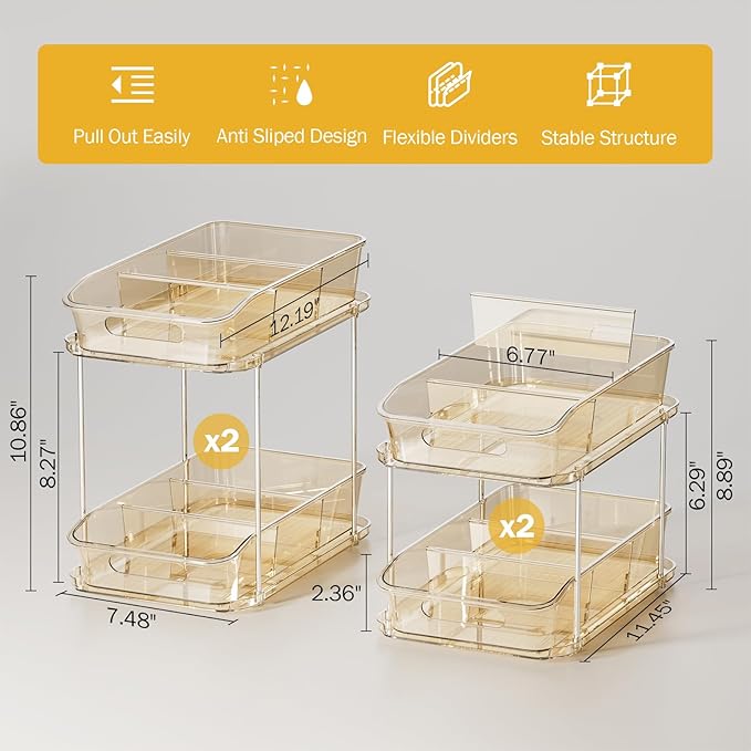 Delamu 2-Tier Under Sink Organizers and Storage, Multi-Purpose Stackable Bathroom Cabinet Organizers, Pull Out Kitchen Pantry Organization and Storage with Dividers Amber, 4 Pack