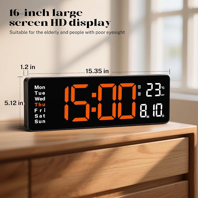 16" Large Digital Wall Clock with Remote Control, Large Display LED Clock for Classroom, Bedroom, Living Room, Gym, Office, Garage with Date, Week, Alarm, Temp, Night Light