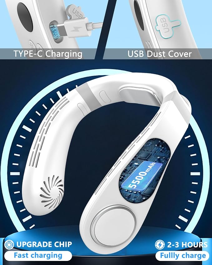 Portable Neck Fan with Cooling Plate, Chargeable 5500mAh 3-15H Lasting, Personal Cooling Fan with LED Display, Wireless Hand-Free Mini Headphone Fans Festival Gifts for Kids Women Men Adults, White