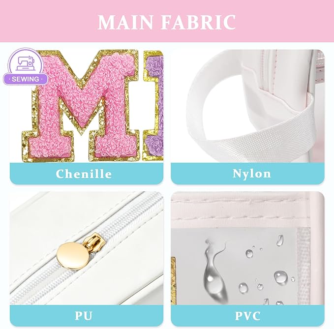 COSHAYSOO Clear MISC Makeup Bag Miscellaneous Stuff Organizer, Small Preppy Chenille Letter Patch Cosmetic Zipper Pouch, Toiletry Make Up Travel Purse Gifts for Teen Girls Women Daughter Sister