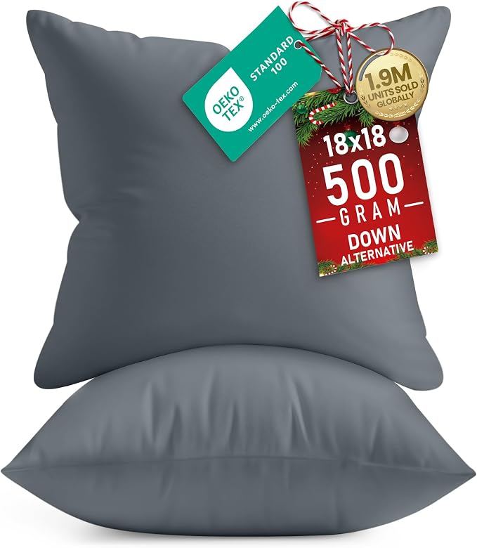 Utopia Bedding 18x18 Pillow Inserts, Set of 2, Grey – Indoor Decorative Throw Pillows for Bed, Sofa & Couch – Soft, Supportive & Fluffy Cushion Inserts