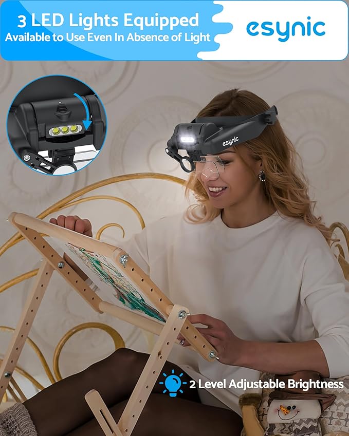 eSynic Professional 1-14X Head Magnifier Wearable Headband Magnifying Glasses Rechargeable Head Magnifying Glass with 3 LED Lights &5 Detachable Acrylic Lenses for Craft Work Reading Sewing etc