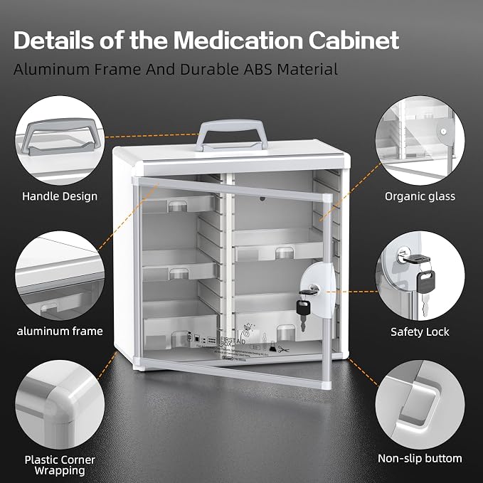 Glosen Lockable Medicine Cabinet with 5 Removable Trays, Wall Mounted & Portable Locking Medicine Cabinet Organizer with Key Lock for Home, Bathroom, Office - Aluminum Frame(13.6x6.5x12.4Inch)