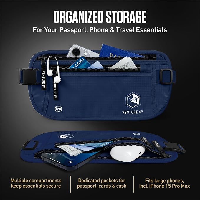 VENTURE 4TH Travel Money Belt, RFID Blocking Passport Holder - Navy Blue