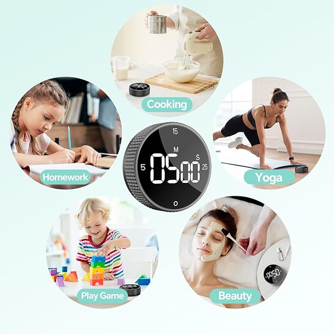 Digital Kitchen Timer, Large Display Magnetic Countdown Countup Timer, 3 Preset Times (5, 15, 25),Volume & Brightness Adjustable for Cooking Classroom Studying, Easy for Kids (Black,2Pcs)