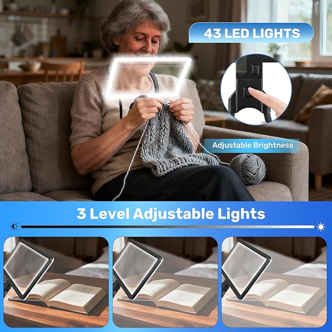 5X Neck Magnifying Glass with Light, Magnifier with Light Hands Free, Full Book Page Magnifier with 3 Light Modes, Flexible Gooseneck for Seniors Reading Low Vision