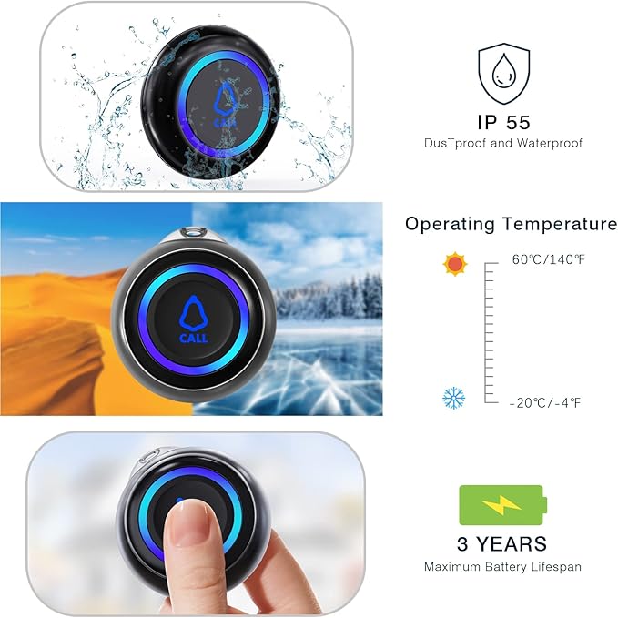 Caregiver Pager, Wireless Call Button for Seniors/Elderly at Home, 3 SOS Buttons + 2 Receivers Medical Life Alert System, Emergency Panic Call Bell, Nurse Calling & Patient Assistance Alarm