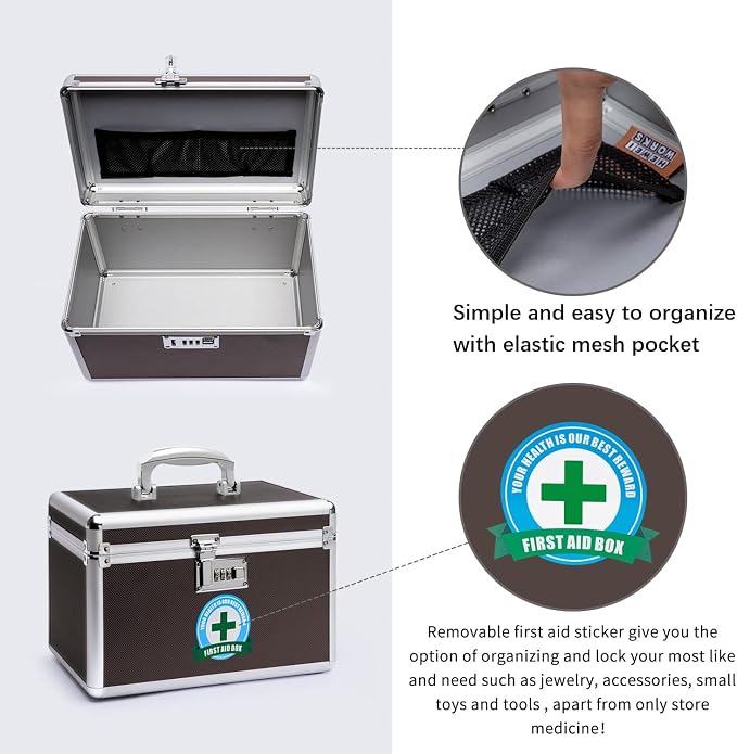 Lockable Medication Box with Portable Storage Case, 10.2''x 6.8''x 6.8'', Childproof Medicine Lock Organizer， Lockbox for Secure Cash, Jewelry, ID Documents (Coffee/Small)