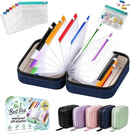 14 Day Travel Pill Kit Personal Medicine Organizer Case Set A8 Waterproof Pill Pouch for Travel Small Portable Storage Binder Style with Bags Cute Medication Purse Zipper Pocket (Blue-7 Pouches)