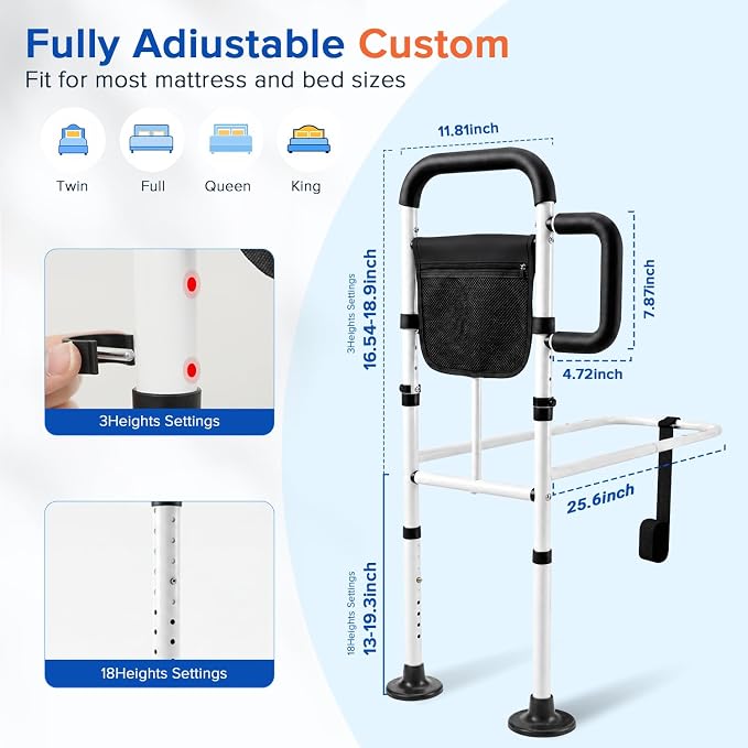 AYP Bed Rails for Elderly Adults Safety–Adjustable Bed Side Rails for Seniors, Featuring Extended Non-Slip Grab Bar and Storage Pocket, ASTM Approved Bed Cane–Fits Twin,Full,Queen,King Size Bed