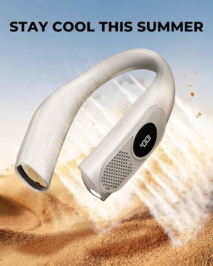 GOTOTO Portable Neck Fans that Blow Cold Air, Wearable Bladeless Neck Fan | Rechargeable 360° Personal Fan Neck Cooler, 3-Speed, LED Display, 4000mAh, Type C, Travel, Outdoor, Birthday Gift for Women